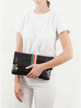Black Croc Foldover Clutch with Green and Red Center Stripe